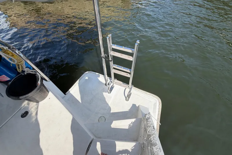 Slide: The Image of Boat deck with ladder on a 2017 Leopard 40, overlooking calm water. - 45
