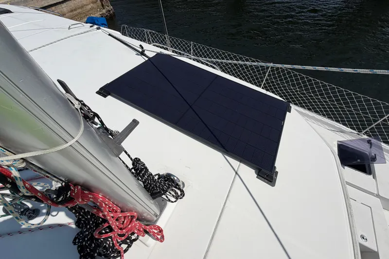 Slide: The Image of 2017 Leopard 40 catamaran deck with solar panel and rigging ropes. - 65