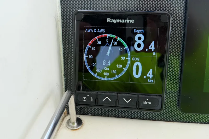 Slide: The Image of Raymarine display on 2017 Leopard 40 showing depth and speed data. - 79