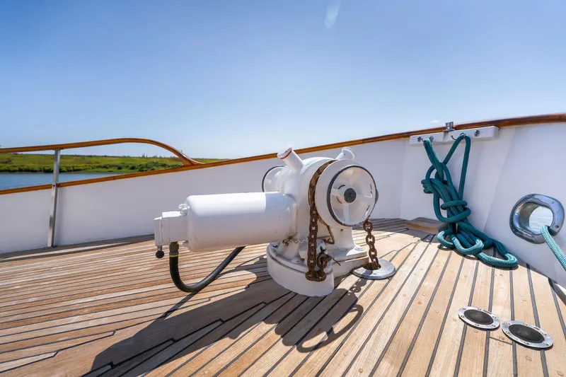 Slide: The Image of Deck of 1976 Grand Banks 52 Europa yacht with anchor windlass. - 47