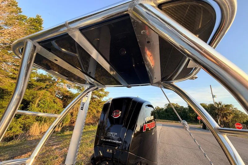Slide: The Image of 2025 Chittum Skiffs Islamorada 21 with Mercury Pro motor, viewed from below. - 76