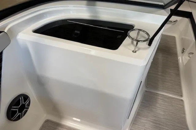Slide: The Image of 2026 Sea Ray SPX 210 boat interior with storage compartment and speaker. - 12