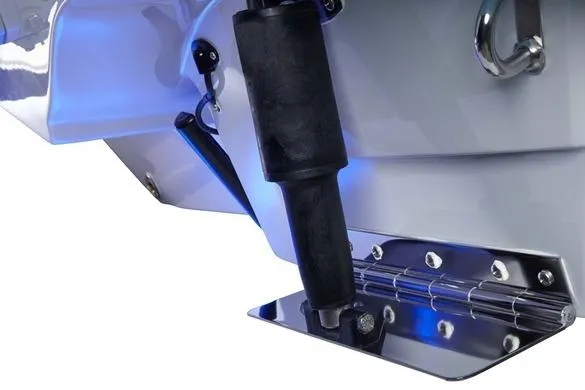 Slide: The Image of 2024 Crownline 280 DC Finseeker boat detail with hydraulic trim tab and blue lighting. - 14