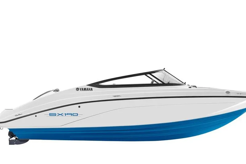 Slide: The Image of 2026 Yamaha Boats SX190, sleek white and blue design, side view. - 10