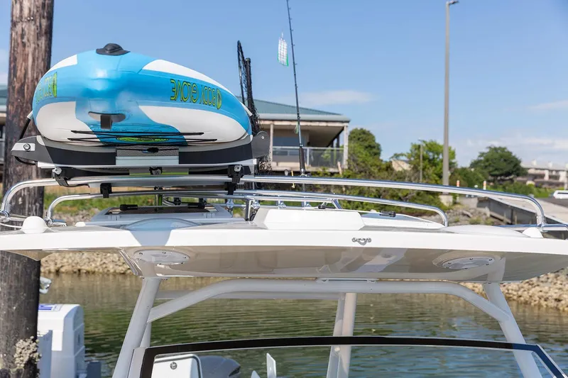 Slide: The Image of Manufacturer Provided Image: Solara S-250 CW 2025 boat with rooftop kayak, docked by a scenic waterfront. - 19