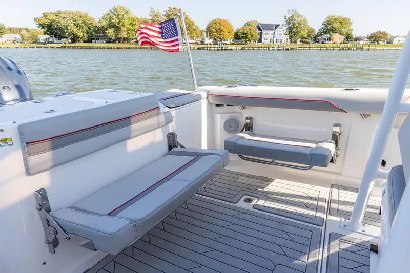 Slide: The Image of Manufacturer Provided Image: Solara S-250 CW 2025 boat interior with seating, American flag, and scenic waterfront view. - 22