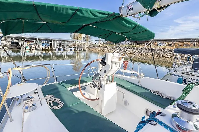 Slide: The Image of Beneteau Oceanis Clipper 343 sailboat cockpit, 2008 model, docked at marina. - 17