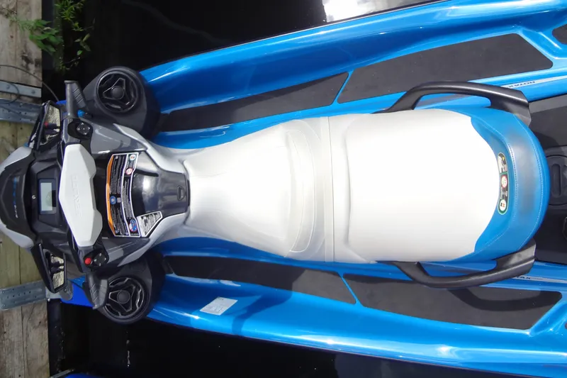 Slide: The Image of 2021 Seadoo GTI 170 SE jet ski, top view, blue and white design. - 17