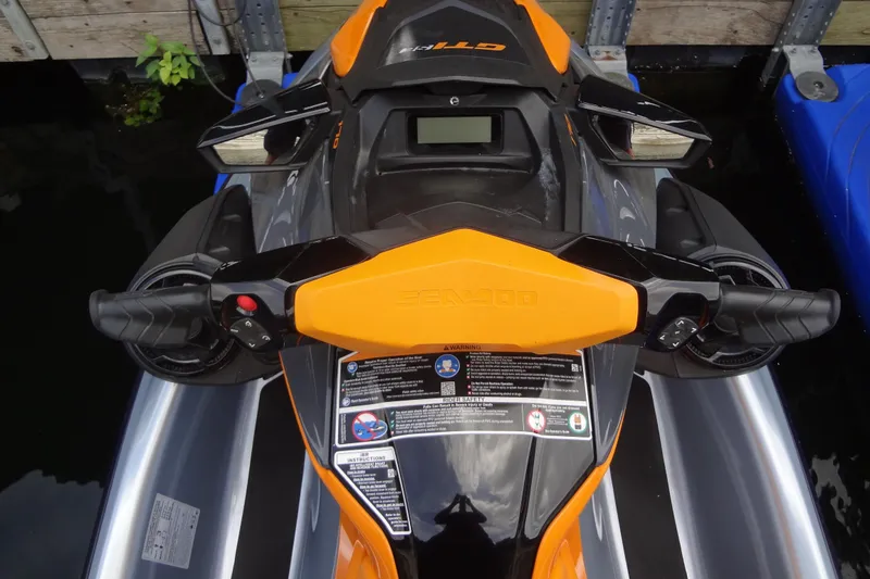 Slide: The Image of 2021 Seadoo GTI 170 SE jet ski, top view of handlebars and controls. - 9