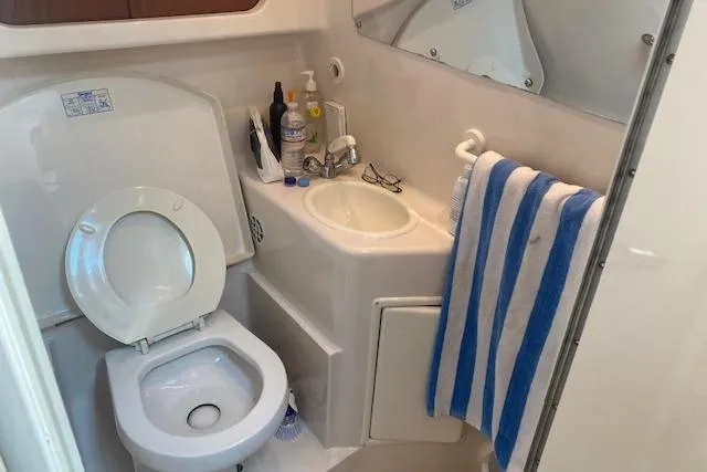 Slide: The Image of Bathroom interior of a 2001 Monterey 302 Cruiser with toilet, sink, and striped towel. - 17