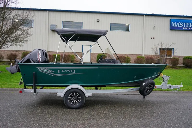 Slide: The Image of 2026 Lund 1800 Explorer Sport boat on trailer, parked outside a building. - 2