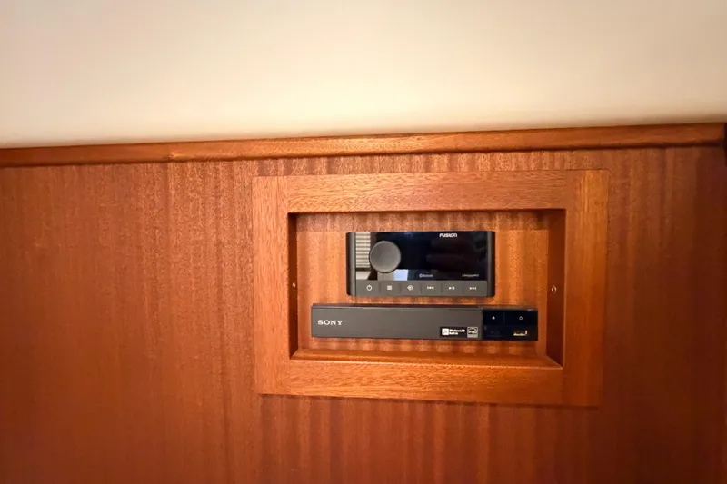 Slide: The Image of Built-in audio system on 2022 American Tug 365 boat, featuring Fusion and Sony components. - 21
