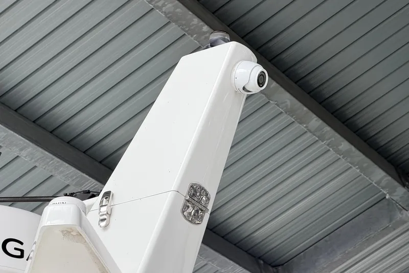 Slide: The Image of American Tug 365 (2022) boat detail with mounted camera under metal roof. - 86