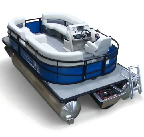 Slide: The Image of SunChaser Vista 16 LR 2026 pontoon boat with blue accents and comfortable seating. - 3