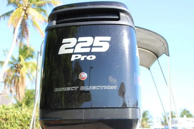 Slide: The Image of 225 Pro outboard motor with direct injection, Mako 21 LTS 2017, palm trees background. - 21