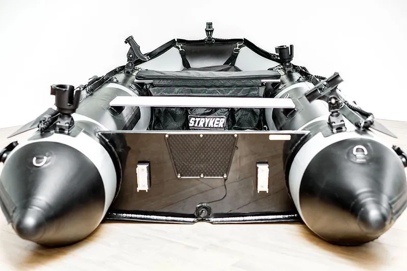 Slide: The Image of 2026 Stryker LX 360 inflatable boat, black and white design, front view. - 3