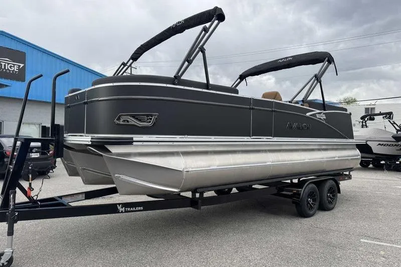Slide: The Image of 2026 Avalon 2385 25 Catalina QL pontoon boat on trailer, outdoor display. - 3