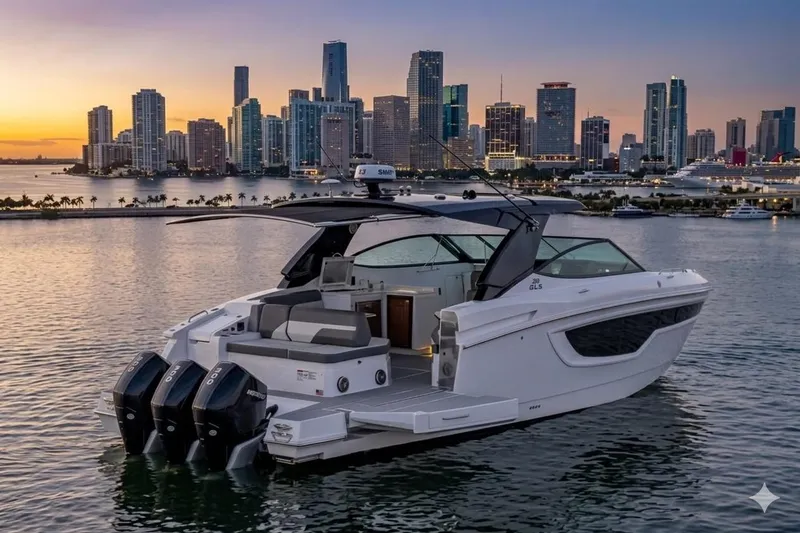 The Image of 2021 Cruisers Yachts 38 GLS OB on water at sunset with city skyline. - 0