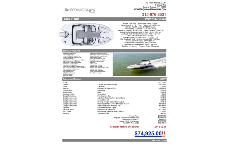 Slide: The Image of 2026 Stingray 211 DC boat brochure with specifications, pricing, and features. - 57