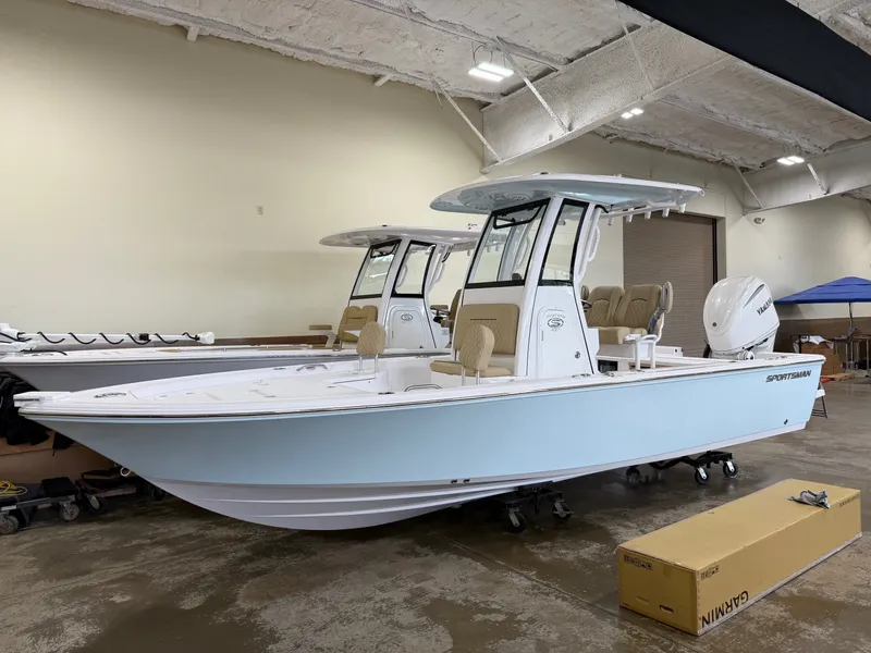 The Image of 2026 Sportsman Masters 227 Bay Boat displayed indoors. - 1