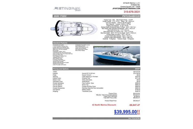 Slide: The Image of 2026 Stingray 172 DC boat brochure with specifications, features, and pricing details. - 35