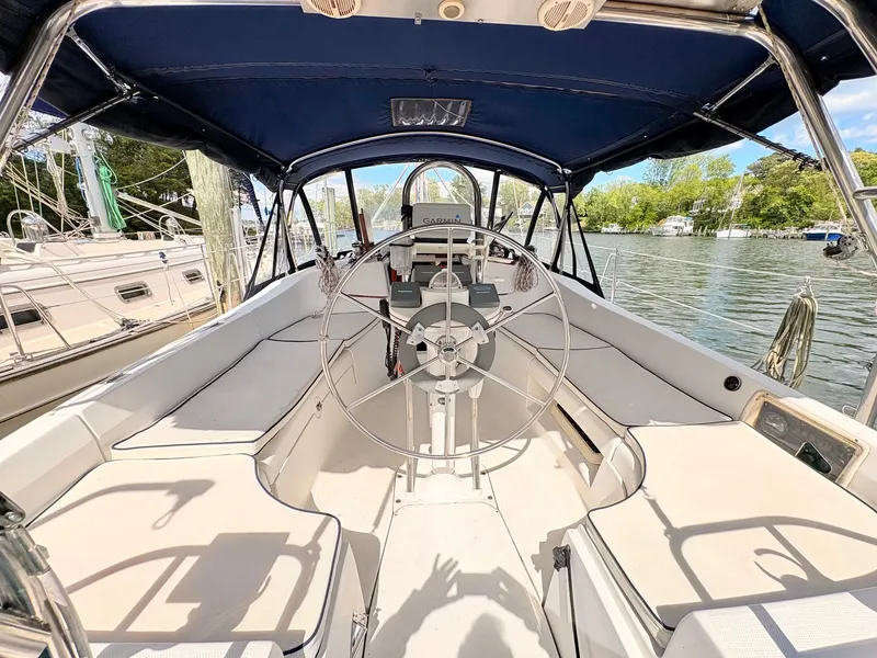 Slide: The Image of Interior view of a 2003 Hunter 356 sailboat docked in harbor. - 10