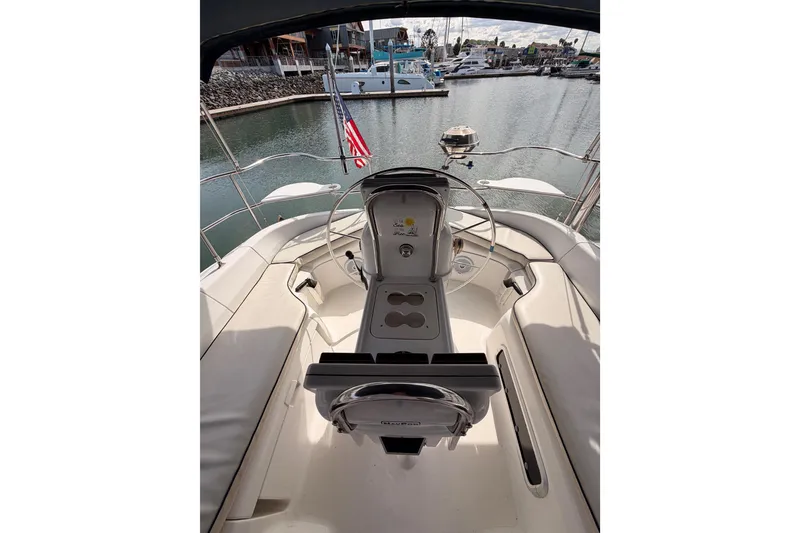Slide: The Image of Cockpit view of 1998 Hunter Legend 40.5 sailboat in marina setting. - 20