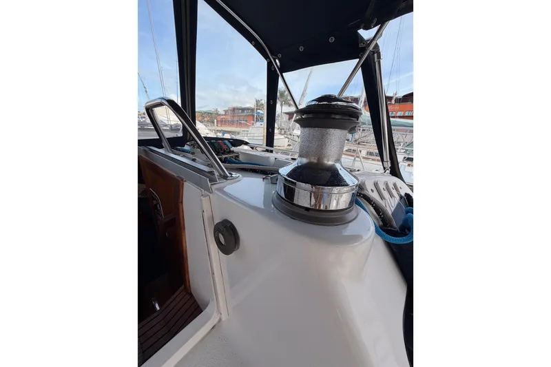 Slide: The Image of Cockpit view of 1998 Hunter Legend 40.5 sailboat with winch and controls. - 30