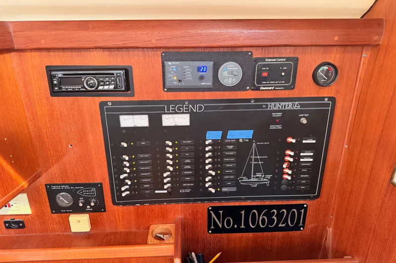 Slide: The Image of Control panel of a 1998 Hunter Legend 40.5 sailboat with various switches and gauges. - 47