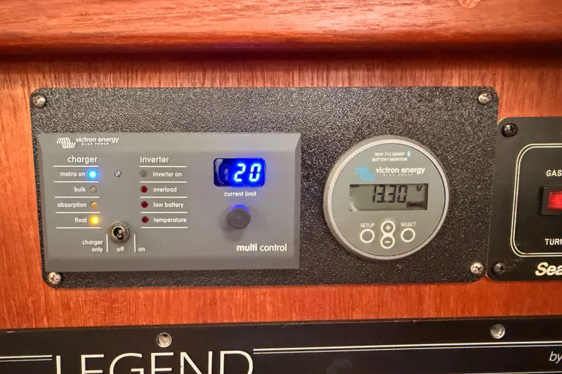 Slide: The Image of Victron Energy control panel on 1998 Hunter Legend 40.5 yacht, displaying voltage and current settings. - 48
