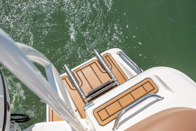 Slide: The Image of 2022 Pioneer 202 Islander boat swim platform with ladder on water. - 21