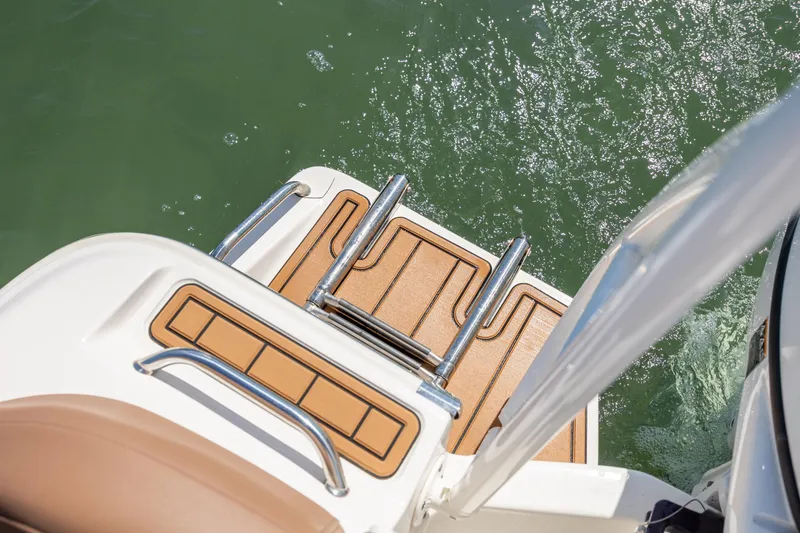 Slide: The Image of 2022 Pioneer 202 Islander boat swim platform with ladder over green water. - 22