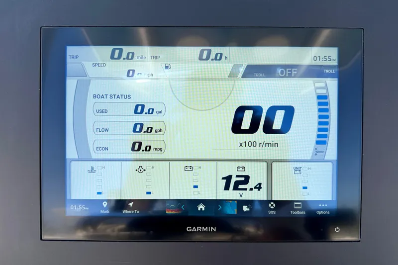 Slide: The Image of Garmin display on 2026 Bay Rider 21 Offshore showing boat status and trip data. - 18