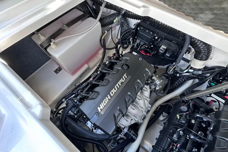Slide: The Image of 2021 Yamaha Boats 252S engine compartment showcasing high output engine components. - 20