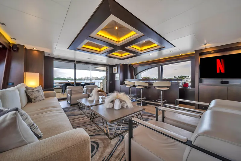 Slide: The Image of Luxurious 2012 Azimut yacht interior with modern seating, bar, and large windows. - 39