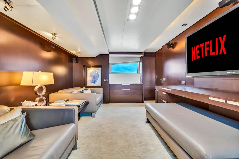 Slide: The Image of Luxurious 2012 Azimut yacht interior with modern lounge and Netflix on TV. - 45
