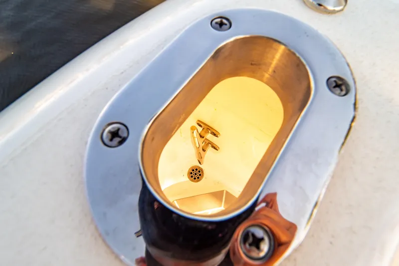 Slide: The Image of Close-up of a 2016 Intrepid 400 Cuddy boat's deck hardware. - 87