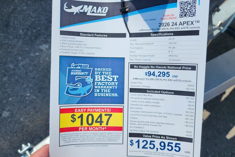 Slide: The Image of 2026 Mako 24 APEX boat pricing and features, including warranty and payment options. - 8