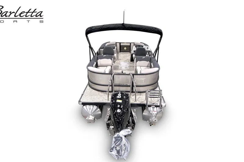 Slide: The Image of 2026 Barletta Sanza S22QC pontoon boat, rear view, showcasing seating and motor. - 3