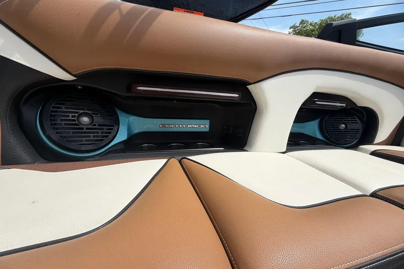 Slide: The Image of 2020 Centurion Ri237 interior with brown and white leather seats, featuring built-in speakers. - 10