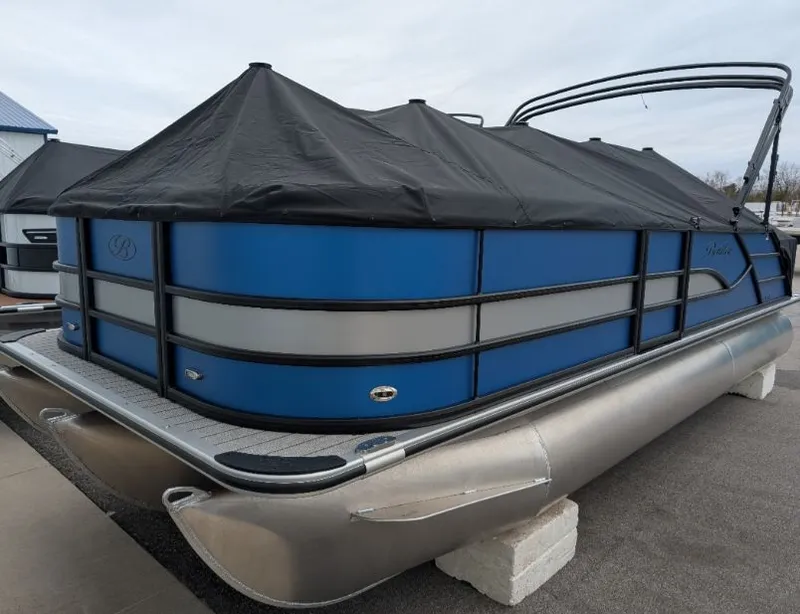 Slide: The Image of 2026 Bentley Legacy 223 pontoon boat with cover, blue and silver. - 6