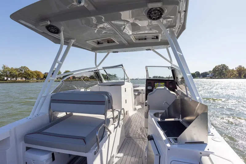 Slide: The Image of Manufacturer Provided Image: 2026 Solara S-250 DC boat interior with seating and grill, cruising on a sunny day. - 4