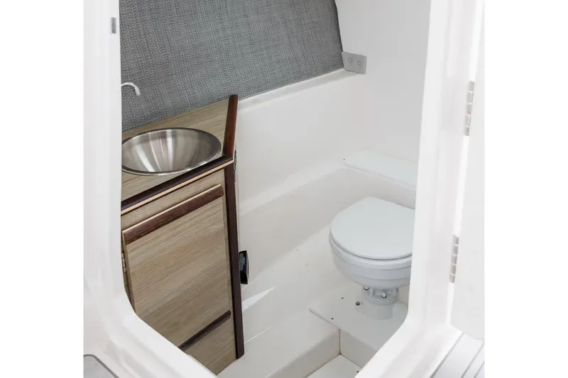 Slide: The Image of Manufacturer Provided Image: Compact bathroom in 2026 Solara S-250 DC boat with sink and toilet. - 6
