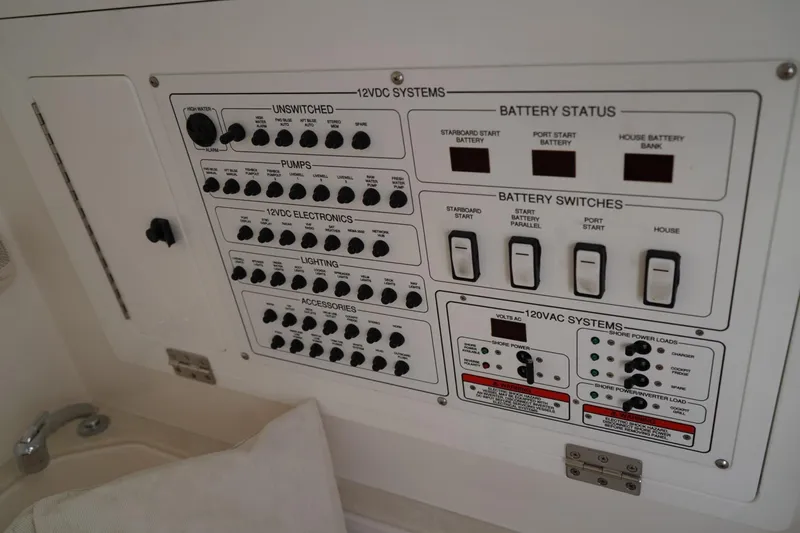 Slide: The Image of Control panel of a 2024 Edgewater 285CC boat, featuring battery and system switches. - 31