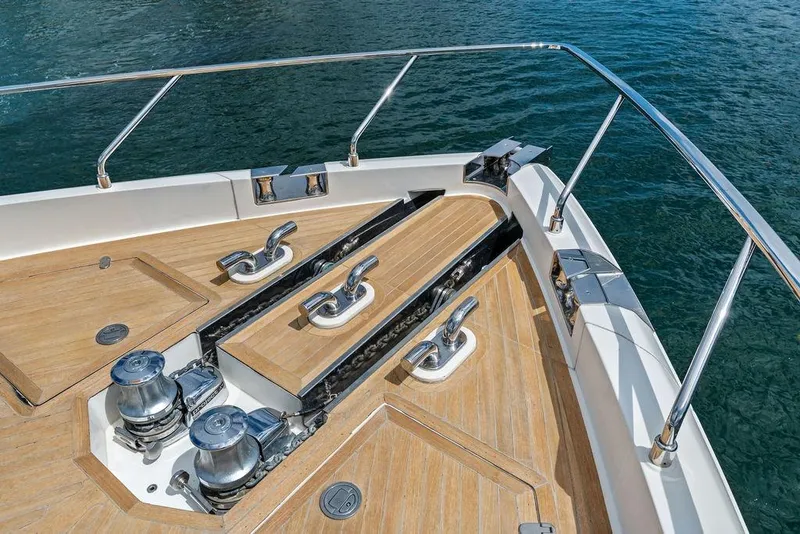 Slide: The Image of Bow deck of 2018 Ferretti Yachts 850 Motoryacht with teak flooring and stainless steel fittings. - 14