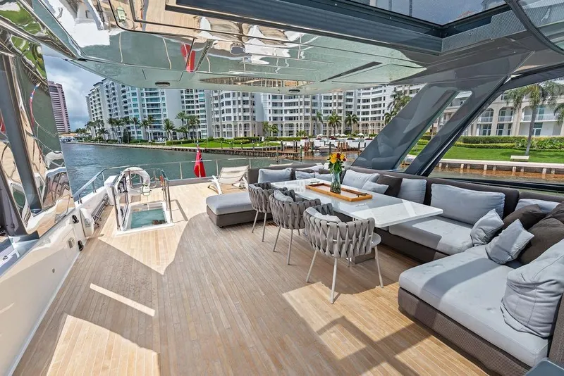 Slide: The Image of Luxurious 2018 Ferretti Yachts 850 Motoryacht deck with elegant seating and waterfront view. - 25