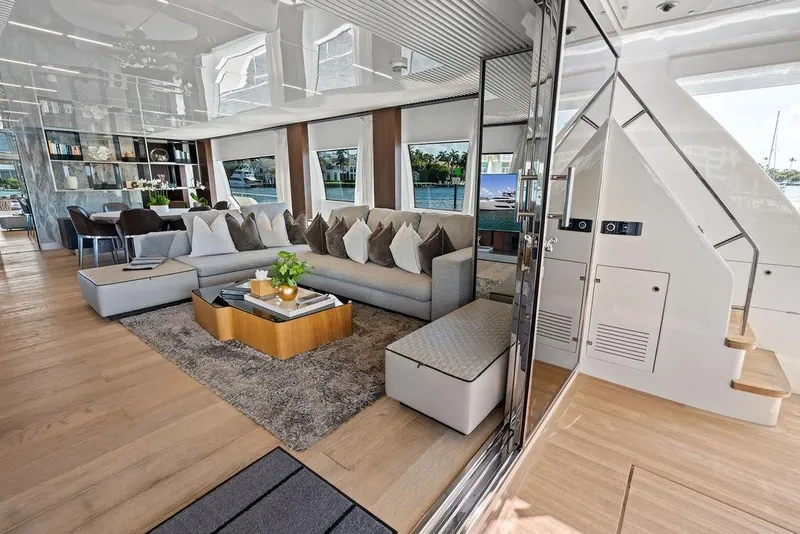 Slide: The Image of Luxurious interior of 2018 Ferretti Yachts 850 Motoryacht with elegant seating and decor. - 36