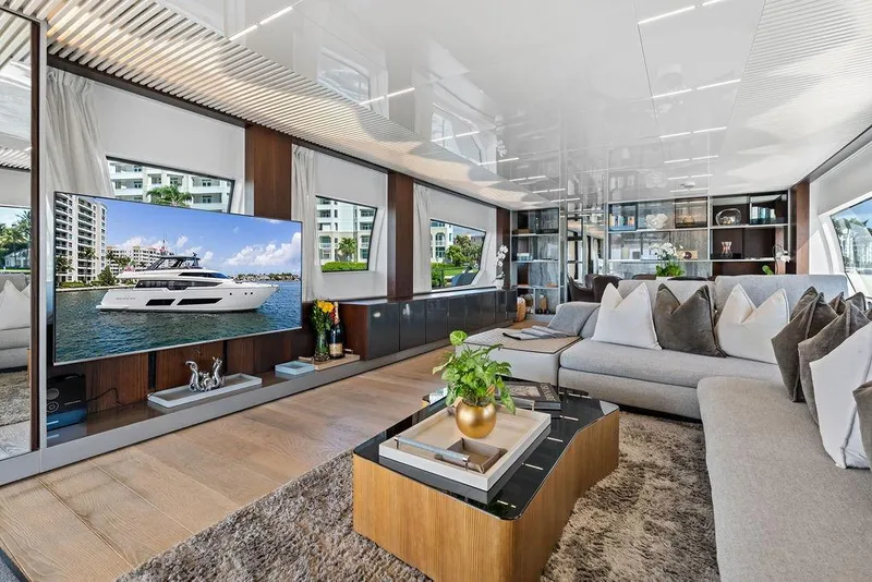 Slide: The Image of Luxurious interior of 2018 Ferretti Yachts 850 Motoryacht with modern decor and spacious seating. - 41