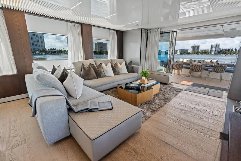 Slide: The Image of Luxurious interior of 2018 Ferretti Yachts 850 Motoryacht with elegant seating and waterfront view. - 42