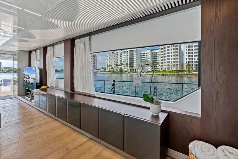 Slide: The Image of Luxurious interior of 2018 Ferretti Yachts 850 Motoryacht with waterfront view. - 45